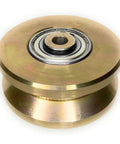 Heavy Duty Four Inch V Groove Gate Rollers With Double Bearings Rated For Three Thousand Pounds displaying smooth surface and double sealed bearing.