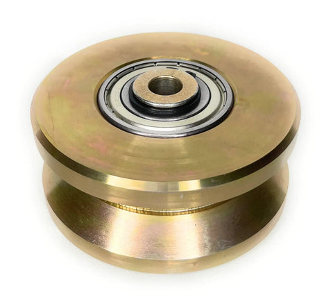 Heavy Duty Four Inch V Groove Gate Rollers With Double Bearings Rated For Three Thousand Pounds displaying smooth surface and double sealed bearing.