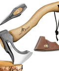 Beast Camping Hatchet Hand Forged 14.7 Inch Splitting Axe With Leather Sheath for wood splitting, includes wooden handle, sheath, and wedge