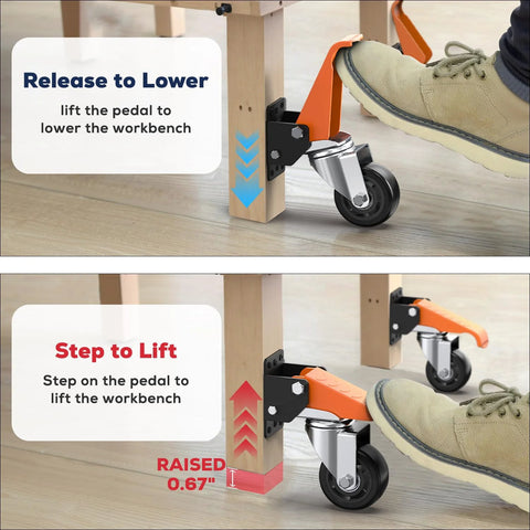 3 Inch Side Mount Swivel Workbench Castors With Step Lift Pedal For Easy Mobility demonstrating lifting and lowering mechanism.