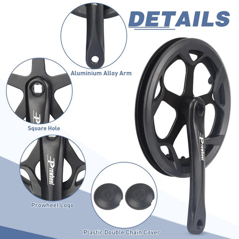 48T Steel Chainring Crankset With Double Chain Cover And 170mm Aluminum Arms Built For Single Speed To 8 Speed E Bikes Folding Bicycles And 6/7/8 Speed Systems detailed view showing aluminum arms, Prowheel logo, and chain cover.