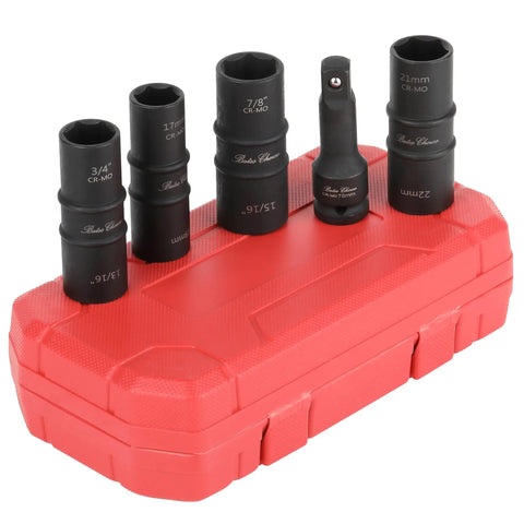 Lug Nut Impact Socket Set One Half Inch Drive With Four Dual Ended Sockets 21mm And 22mm Plus Three Inch Extension Bar In Durable CRMO Steel Case For Auto And Mechanical Work displayed on red casing