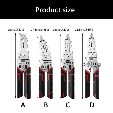 Pro Grade Wire Stripper and Crimping Pliers Kit for Electricians, showing sizes from 21cm to 22.5cm, ergonomic handle design.