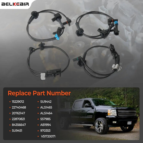 Premium Abs Wheel Speed Sensors 4 Piece Set Front And Rear compatible with 2007 to 2014 GM truck braking system sensors.
