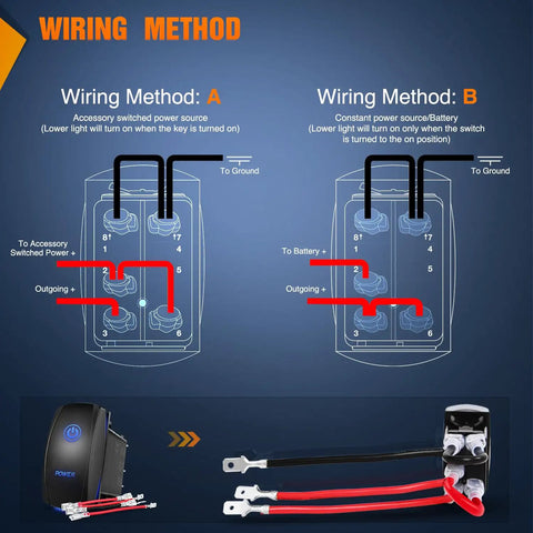 Wiring methods for Beefy Blue 5 Pin LED Rocker Switch SPST On Off 20A 12V 10A 24V with jumper wires for cars, trucks, boats, RVs.