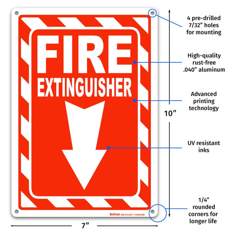 Front view of 7 Inch By 10 Inch Fire Extinguisher Sign made from rust-free aluminum with bold text and symbol, easy install.