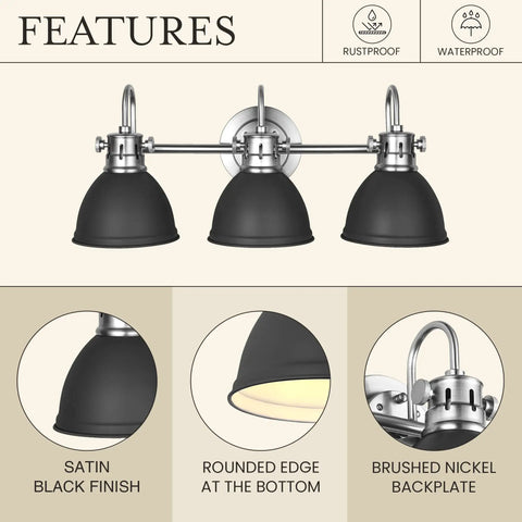 Black Vanity Light With Three Fixtures For Farmhouse Bathroom Over Mirror Rustic Vintage Style Wall Lights In Black Brushed Nickel Finish