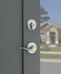 Prescott Front Door Lock Handle And Deadbolt Set With Exterior Handleset And Reversible Interior Lever Satin Nickel Finish