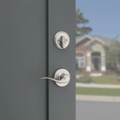 Prescott Front Door Lock Handle And Deadbolt Set With Exterior Handleset And Reversible Interior Lever Satin Nickel Finish