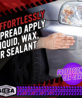 Hand using gray Microfiber Applicator Pad Set 8 Pack For Car Wax Sealant And Polish Application Soft Non Scratch Detailing Sponges