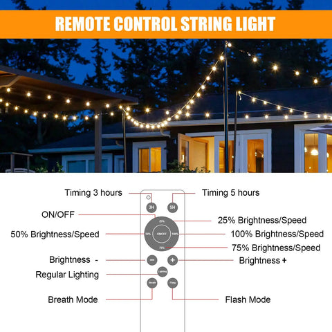 100 Ft Outdoor String Lights With Dimmer LED G40 Globe Patio Lighting and remote control settings illustration