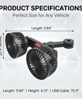 Dual Head Backseat Car Fan With 360 Swivel Rotation Plus Usb Powered Design, 9.84" long, 4.13" high for cooling airflow.
