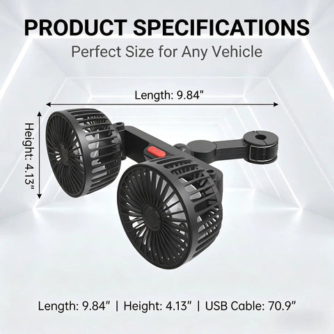 Dual Head Backseat Car Fan With 360 Swivel Rotation Plus Usb Powered Design, 9.84" long, 4.13" high for cooling airflow.