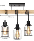 Farmhouse Style 3 Light Semi Flush Mount Ceiling Light Fixture with Solid Wood Canopy and Black Metal Cage Lampshades