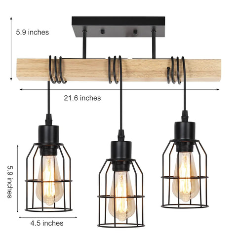 Farmhouse Style 3 Light Semi Flush Mount Ceiling Light Fixture with Solid Wood Canopy and Black Metal Cage Lampshades