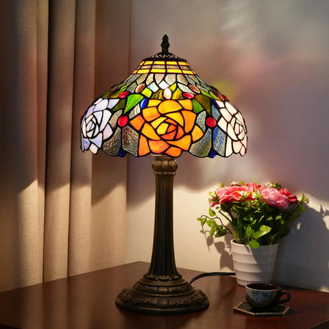 Tiffany Style Stained Glass Table Lamp 12 Inch Shade Multicolor Red Orange Purple Pink Rose Bedside Nightstand Reading Desk Light Vintage Retro Decor Led Bulb Included