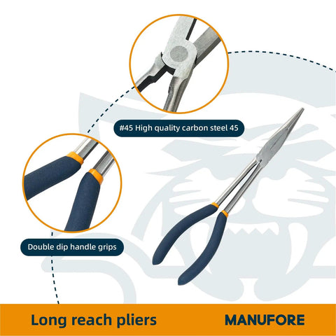 Image of 11 Inch Long Reach Needle Nose Pliers Three Piece Set With Straight 45 Degree Bent And 90 Degree Bent Heads For Electrical Repair And DIY Projects Pro Grade Heavy Duty Carbon Steel Hand Tools Kit