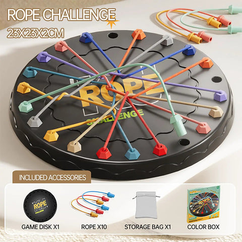 Rope Untangling Puzzle Game For Kids And Adults, 23x23x2cm board with colorful ropes, game disk, storage bag, and color box
