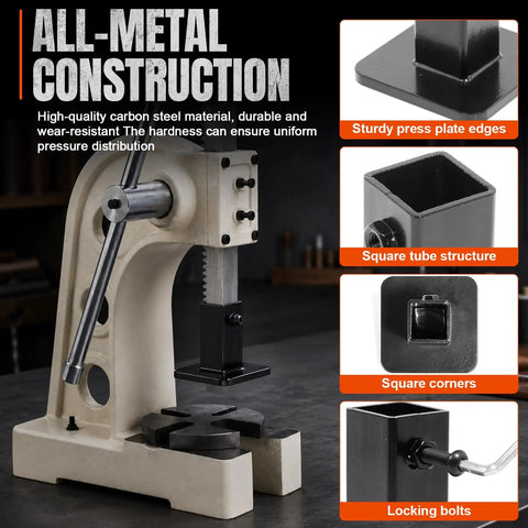 Arbour Press Foot Attachment For Leathercraft And Die Cutting, All Metal Platen, 3x3 Inch Flat Base, side view with details