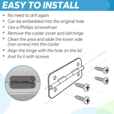 Installation guide for Stainless Steel Cooler Hinge Replacement Set For Outdoor Camping Chests 25-165 Quart, Rustproof Hinges With Screws, Built To Last Upgrade For Plastic Hinge, Fits Most Classic Coolers, Set Of 6