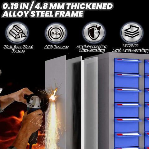 Grinding sparks near Boss Level Heavy Duty 100 Drawer Nut And Bolt Organizer Cabinet With Stainless Steel Build in workshop.