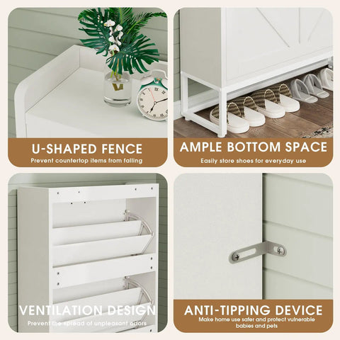 Space Saving Shoe Cabinet With Two Flip Drawers And Adjustable Shelf, showcasing features like U-shaped fence and ample bottom space.