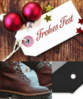 Collage of festive tag with ornaments, leather boots, and close-up of grommet display.
