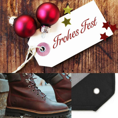 Collage of festive tag with ornaments, leather boots, and close-up of grommet display.