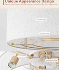 Close-up of Low Profile Ceiling Fan With Light 20 Inch Boho Rattan Flush Mount Drum Cage revealing linen shade and gold holder.