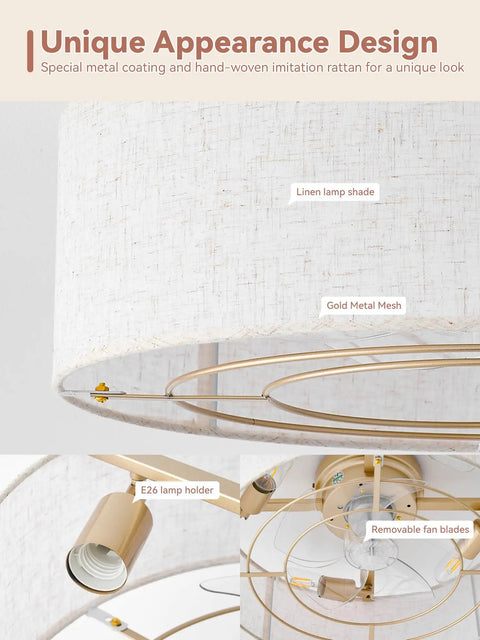 Close-up of Low Profile Ceiling Fan With Light 20 Inch Boho Rattan Flush Mount Drum Cage revealing linen shade and gold holder.