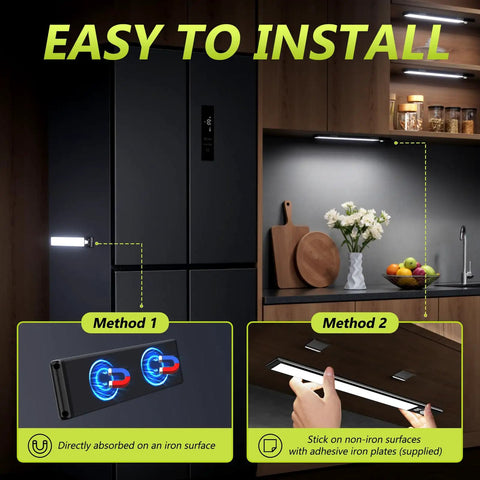 Six Pack 10 Inch Under Cabinet Lights With Digital Battery Level Display, 52 LED Rechargeable Motion Sensor Lights, shown installed