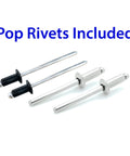 Four pop rivets shown, two black and two silver, labeled 'Pop Rivets Included'.