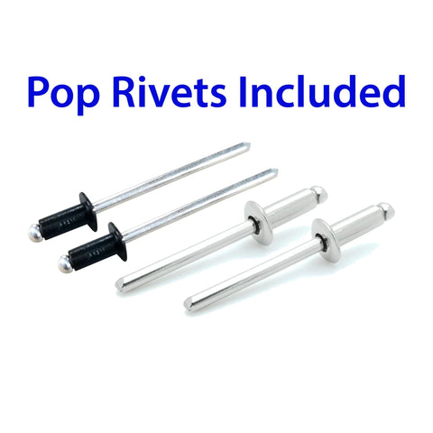 Four pop rivets shown, two black and two silver, labeled 'Pop Rivets Included'.