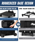 Comparison of ruggedized base design in rolling teacher tote bags, highlighting four universal wheels and honeycomb panels for durability.