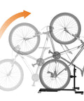 Illustration of vertical bike rack for garage and indoor storage, space saver bike stand with adjustable track and easy wall mount.