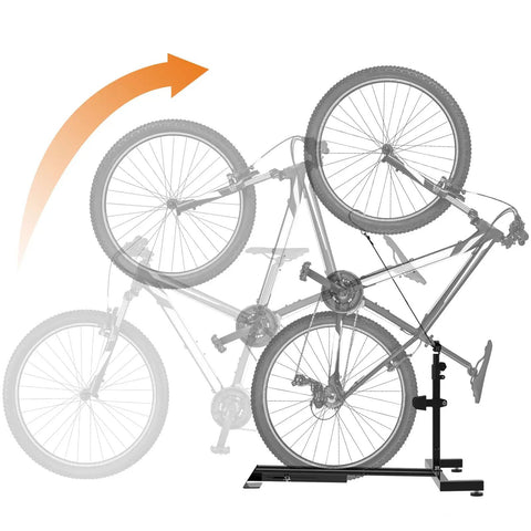 Illustration of vertical bike rack for garage and indoor storage, space saver bike stand with adjustable track and easy wall mount.