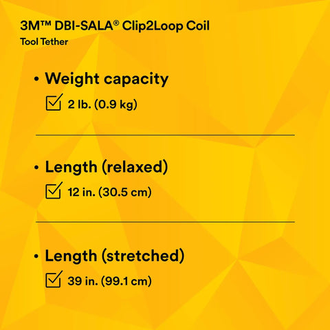 Ultra Compact Clip To Loop Coil Tether infographic showing weight capacity 2 lb, relaxed length 12 in, stretched 39 in.