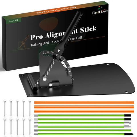 Golf Alignment Sticks Holder And Swing Trainer with alignment sticks, adjustable plate, and packaging