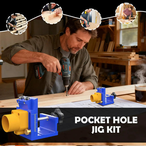 Heavy Duty Pocket Hole Jig Kit With Integrated Dust Catcher Quick Lock Handles And Dead Accurate Alignment for drilling.