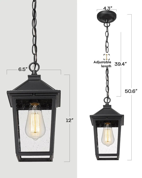 Outdoor Pendant Light For Porch And Patio Farmhouse Exterior Hanging Lantern With Adjustable Chain Matte Black Finish And Seeded Glass Weatherproof ETL Listed For Wet Locations Durable Rust Resistant Exterior Lighting