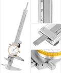 Dial Calipers 0-15 Cm with 0.02 mm Graduation, stainless steel Vernier with anti-glare dial, close-up on measurement scale