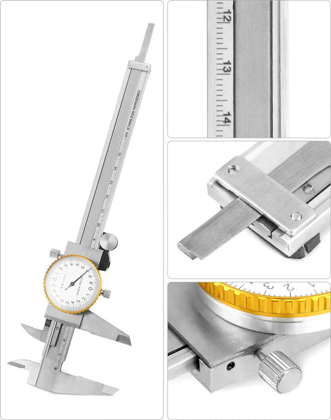 Dial Calipers 0-15 Cm with 0.02 mm Graduation, stainless steel Vernier with anti-glare dial, close-up on measurement scale