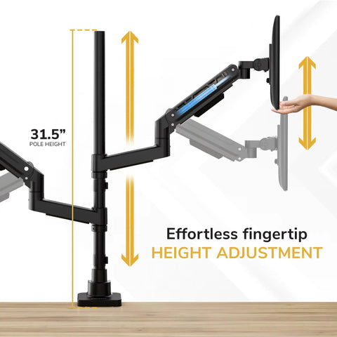 Rock Solid Dual Monitor Desk Mount Designed For Ultrawide Screens With Smooth Gas Spring Arms height adjustment detail with 31.5" pole.