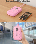Pink 5 Foot Extension Cord With Surge Protector Six USB Ports Super Handy Three USB C Quick Charge Ports And Three USB A Smart Charging Tech Cute Kawaii Style For Home Office Desk Setup And TV Stand compact pink power strip on desk