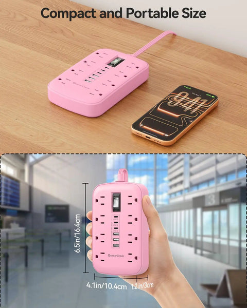 Pink 5 Foot Extension Cord With Surge Protector Six USB Ports Super Handy Three USB C Quick Charge Ports And Three USB A Smart Charging Tech Cute Kawaii Style For Home Office Desk Setup And TV Stand compact pink power strip on desk