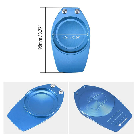 Long Arm Aluminum Windshield Washer Fluid Reservoir Cap Replacement That Fits Audi A3 S3 TT TTS TTRS 8S 1K0955455 And VW Golf 7 7.5 R 1.8 TSI GTI Clubsport Jetta 2013 2020 Durable Easy Install in anodized blue, displaying dimensions and design details.