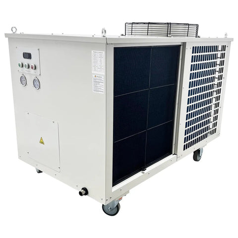 Rock Solid Industrial Air Conditioner Portable Commercial Spot Cooler 220V 61000 Btu 7200W side view with control panel and wheels.