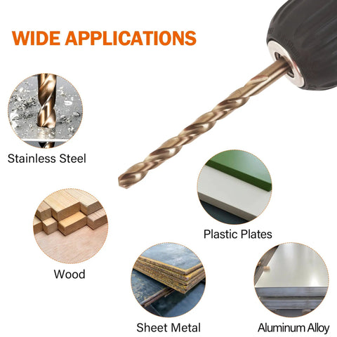 Five Sixteenth Inch Cobalt Drill Bit Set Thirteen Piece M35 High Speed Steel With 135 Degree Tip shown with drill applications