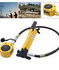Beefy 20 Ton Hydraulic Cylinder Jack With 2 Inch Stroke, Compact Mini Single Acting Lifting Cylinder With Manual Hydraulic Hand Pump For Machinery And Shipbuilding, Heavy Duty Lift With Protective Stop Ring For Enhanced Safety, shown with hose
