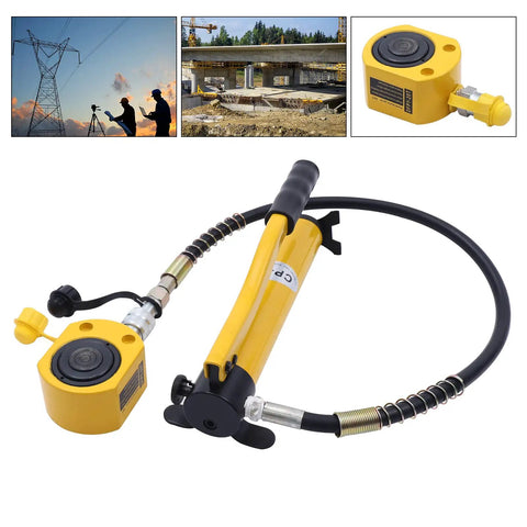 Beefy 20 Ton Hydraulic Cylinder Jack With 2 Inch Stroke, Compact Mini Single Acting Lifting Cylinder With Manual Hydraulic Hand Pump For Machinery And Shipbuilding, Heavy Duty Lift With Protective Stop Ring For Enhanced Safety, shown with hose